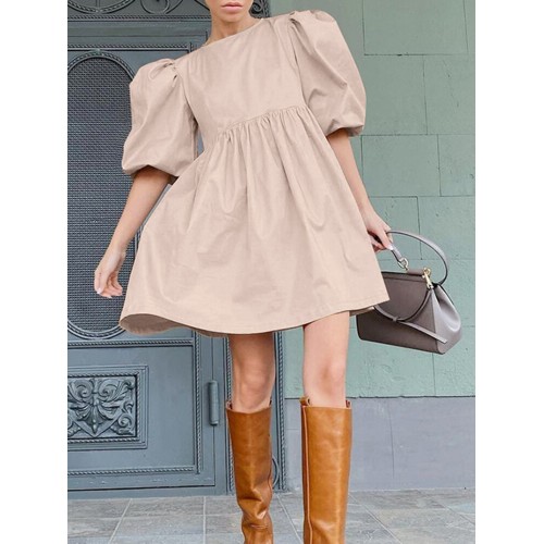 Puff Sleeve Solid European Casual Style Dress For Women