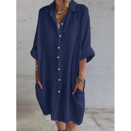 Women 100% Cotton Side Pockets Shirt Solid Buttons Lapel Midi Dresses