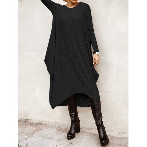 Women Long Sleeve Loose High Low Hem Midi Casual Dress