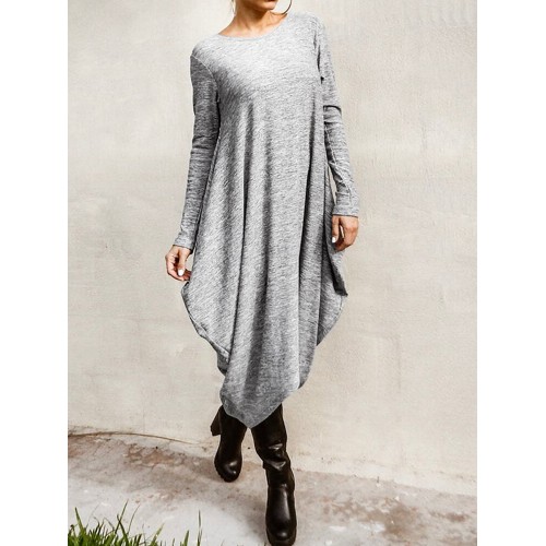 Women Long Sleeve Loose High Low Hem Midi Casual Dress