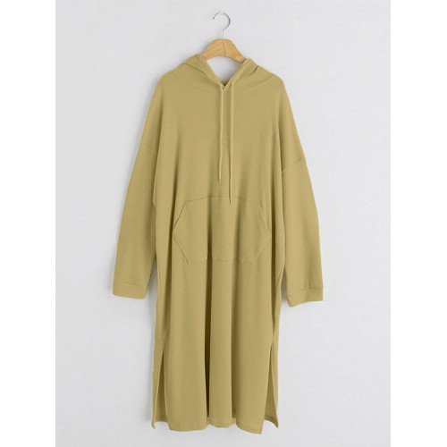 Women Puff Sleeve Sweatshirt Calf Length Front Pocket Side Fork Midi Dress