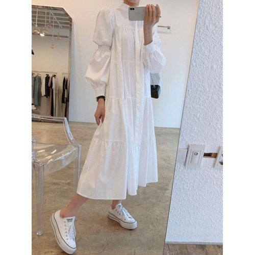 Women Solid Tiered Stand Collar Pleats Puff Sleeve Casual Shirt Midi Dresses
