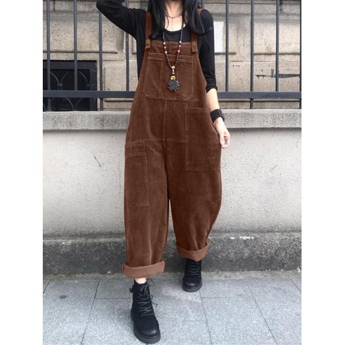 Corduroy Retro Europe Solid Casual Pockets Jumpsuit for Women