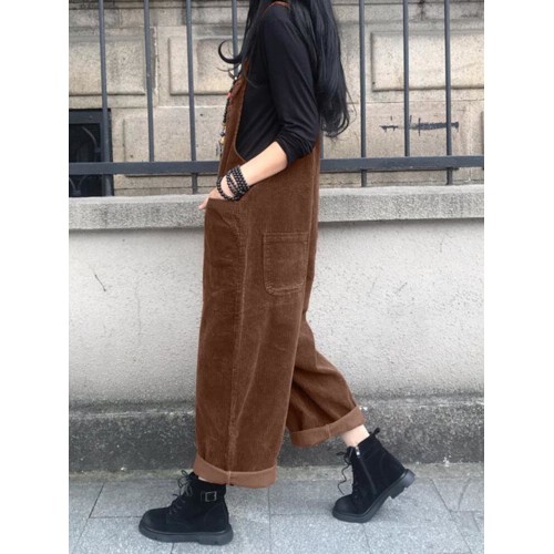 Corduroy Retro Europe Solid Casual Pockets Jumpsuit for Women