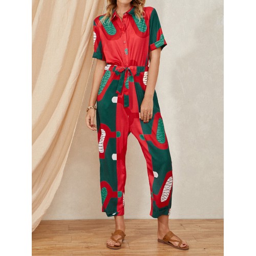 Vintage Printed Knotted Button Pocket Lapel Collar Jumpsuit