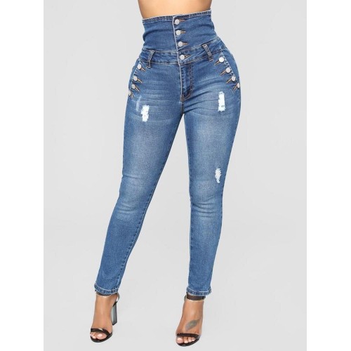 Women Casual Skinny High-Waisted Button Jeans