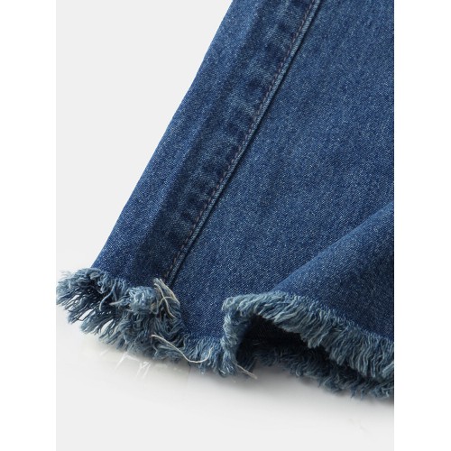 Women Distressed Solid Color Elastic Waist Loose Denim Skirt With Pocket