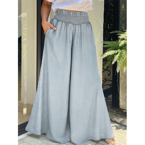 Women Loose Wide-Legged Denim Side Pocket Solid Casual Pants
