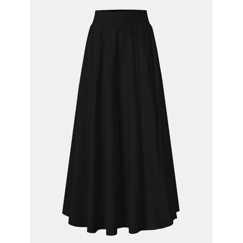 Women Solid Color A-Line Elastic Waist Casual Swing Skirts With Pocket