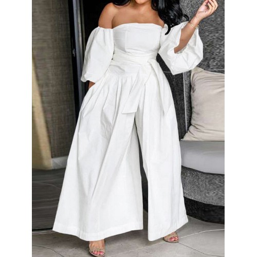 Women Solid Off Shoulder Lace Up Casual Wide Leg Jumpsuits With Pocket