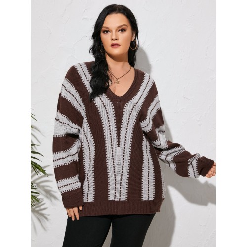 Plus Size Brown V-neck Striped Long Sleeves Sweater