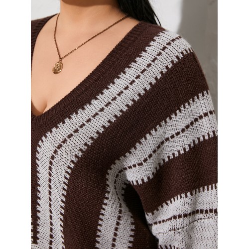 Plus Size Brown V-neck Striped Long Sleeves Sweater