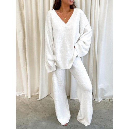Solid Loose Elastic Waist Long Sleeve Homewear Two Pieces Set