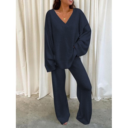 Solid Loose Elastic Waist Long Sleeve Homewear Two Pieces Set