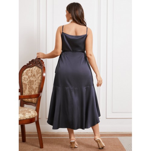 Plus Size Spaghetti Wrap Design Ruffle Trim Dress