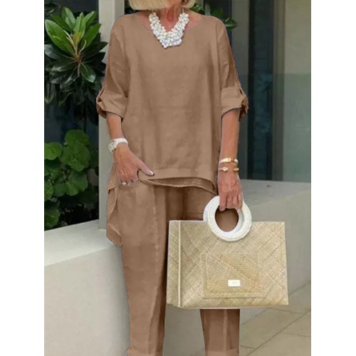 Women 100% Cotton Solid Color Ankle Length Side Pockets Two-Piece Sets