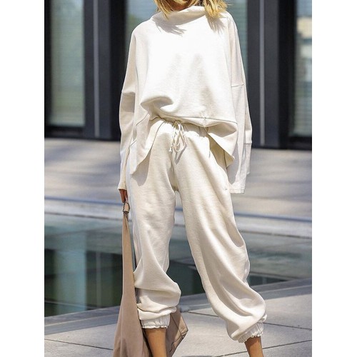 Women Plain Loose High Neck Tops Harem Pants Casual  Two-Piece Set