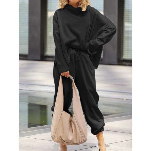 Women Plain Loose High Neck Tops Harem Pants Casual  Two-Piece Set
