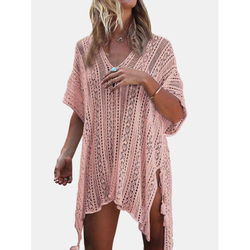 Women Crochet Solid Color Hollow Out Breathable Sunscreen Cover Ups