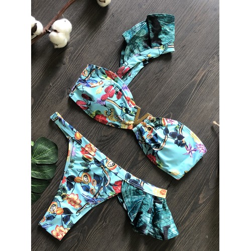 Women One Shoulder Floral Printing Ruffle Trims Backless Beach Holiday Low Waist Bikinis