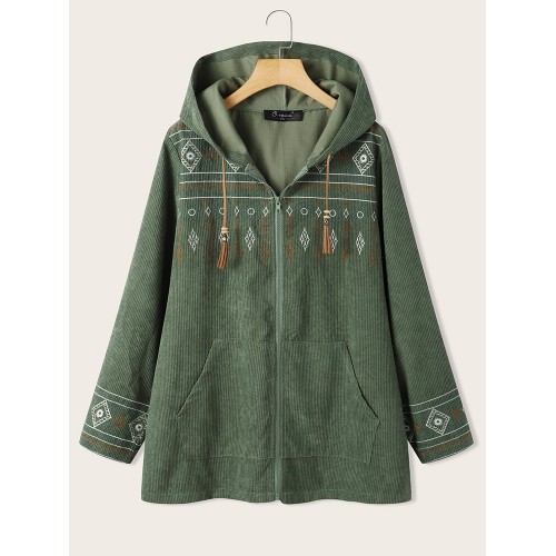 Women Ethnic Corduroy Embroidery Floral Zipper Front Coats
