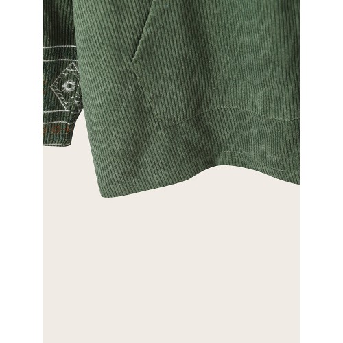 Women Ethnic Corduroy Embroidery Floral Zipper Front Coats