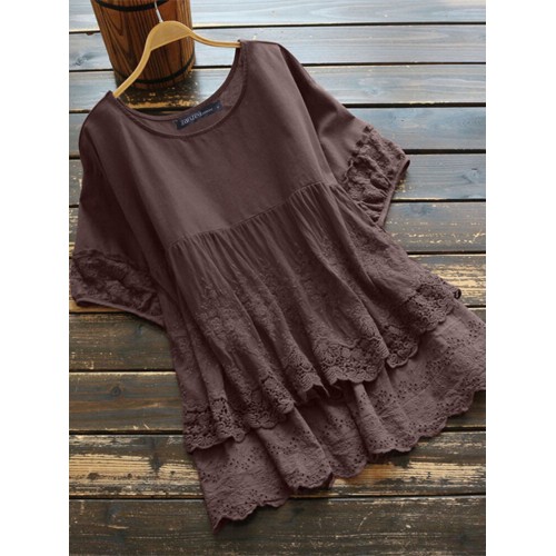 100% Cotton Round Neck Simple And Comfortable Lace Stitching Blouse