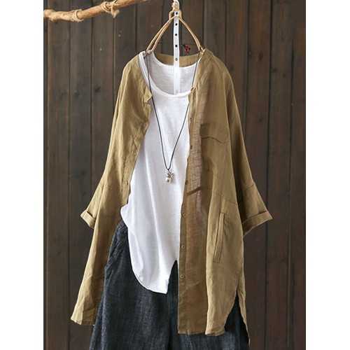 S-5XL Women Long Sleeve Button Down Cotton Asymmetric Vintage Blouse