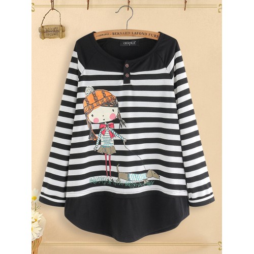 Women Casual Cartoon Print Stripe Patchwork Blouse