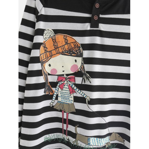 Women Casual Cartoon Print Stripe Patchwork Blouse