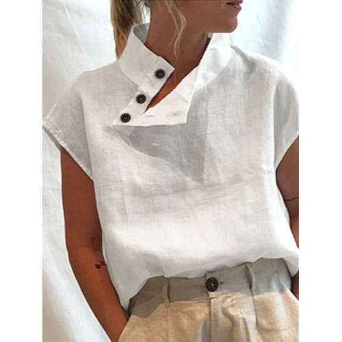 Women Solid Color Button High Collar Short Sleeve Shirts