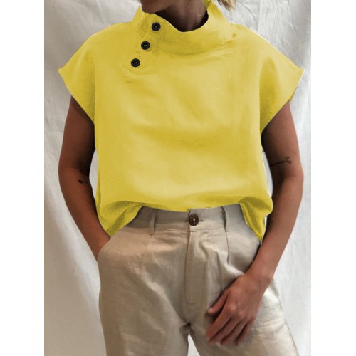 Women Solid Color Button High Collar Short Sleeve Shirts
