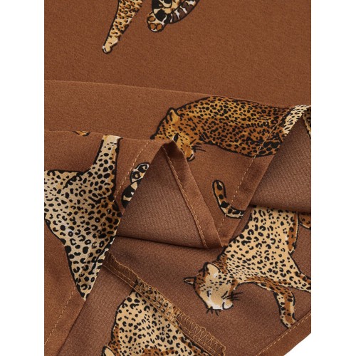 Women Tiger Print Pleated Satin Casual Long Sleeve Blouses