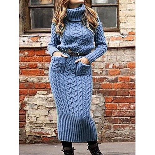 Pure Color High Collar Long Sleeve Knit Sweater Dress