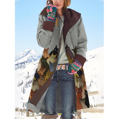 Women Cartoon Cat Print Long Sleeve Thick Warm Hooded Coats
