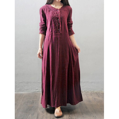 Women Long Sleeve Solid Color Embroidery Pattern Vintage Ankle Length Midi Dresses