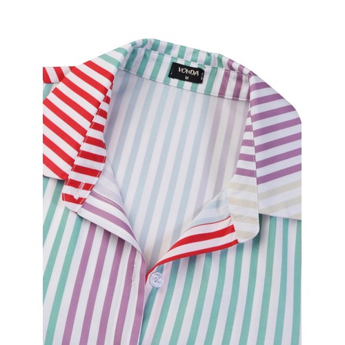 Women Stripe Colorful Shirt Patchwork Color Block Casual Midi Dresses