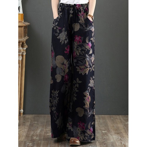 Cotton Women Palnt Floral Print Pocket Drawstring Elastic Waist Retro Wide Leg Pants