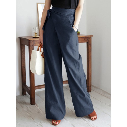 Women Casual Solid Color Asymmetrical Bandage Design Commute Wide Leg Pants