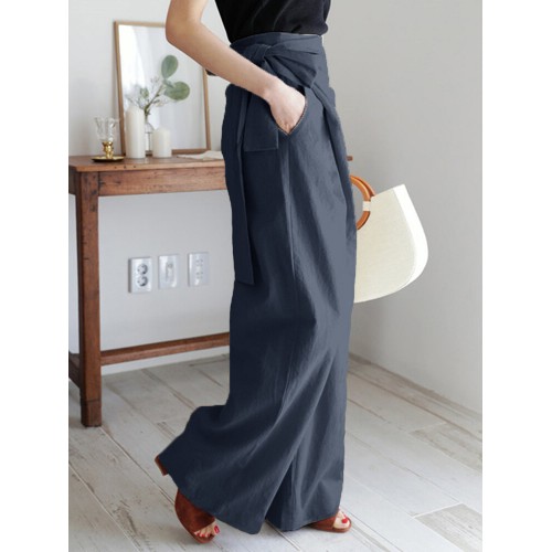 Women Casual Solid Color Asymmetrical Bandage Design Commute Wide Leg Pants
