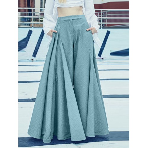 Women Loose Wide-Legged Solid Color Pleated Side Pockets Zipper Buttons Maxi Length Casual Pants