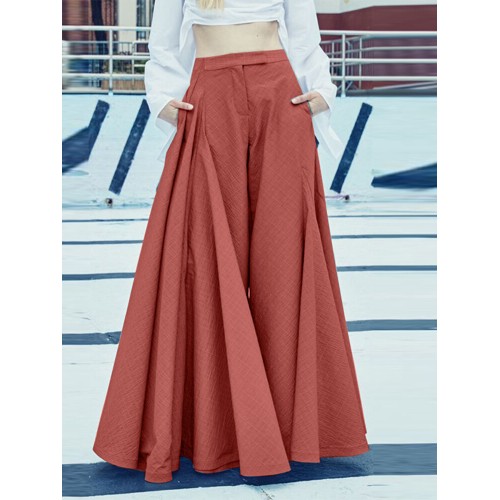 Women Loose Wide-Legged Solid Color Pleated Side Pockets Zipper Buttons Maxi Length Casual Pants