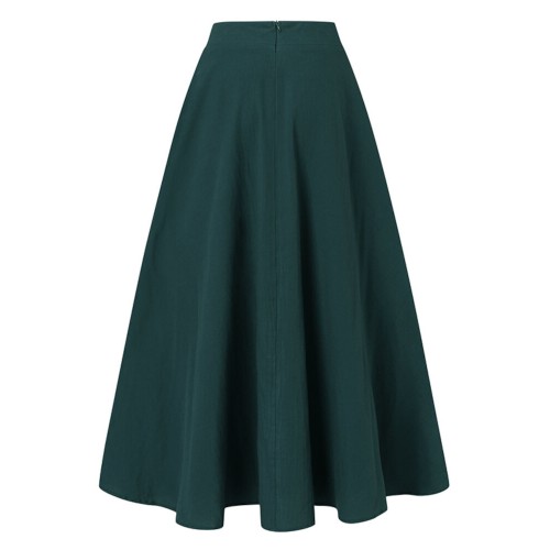 Women Solid Color Back Zip Pleated Casual Swing Skirts With Pocket