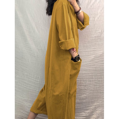Women Stand Collar Button Front Casual Long Sleeve Jumpsuits With Pocket