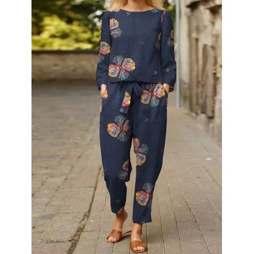 Flower Pocket Tie Elastic Waist Long Sleeve Two Pieces Set