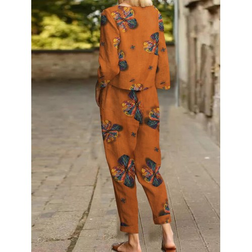 Flower Pocket Tie Elastic Waist Long Sleeve Two Pieces Set