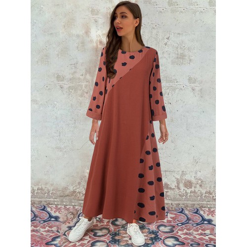 Plus Size Spring Polka Dot Patchwork Cotton Maxi Dress