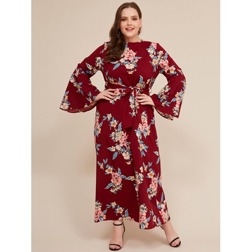Plus Size Women Chinese Style Flare Sleeve Vintage Floral Dress
