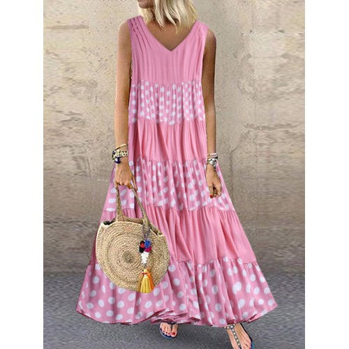 Polka Dot Patchwork V-neck Sleeveless Summer Plus Size Dress