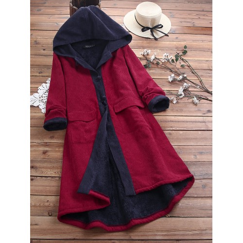 Women Casual Patch Hooded Thick Fleece Corduroy Long Coats